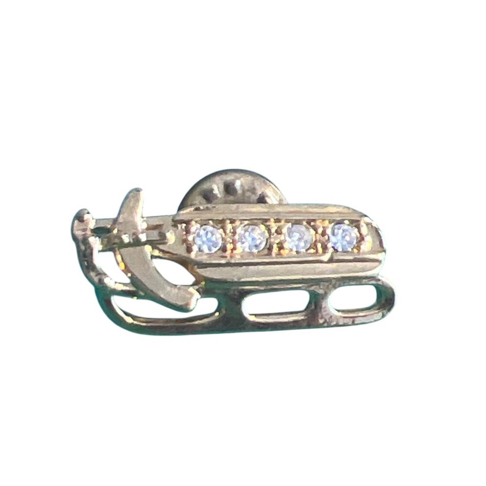 Vintage Avon Gold Tone Sled Pin Brooch Tack Pin Clear Rhinestones 1.25" Across
